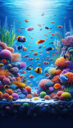 an underwater scene with many different colored fish and corals on the bottom of it