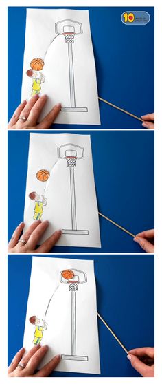 the instructions for how to draw a basketball hoop with pencils and crayons