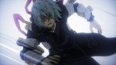 an anime character with grey hair and blue eyes is holding two scissors in his hands