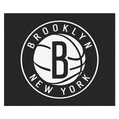 the brooklyn nets logo is shown on a black background with white letters and a basketball in the center