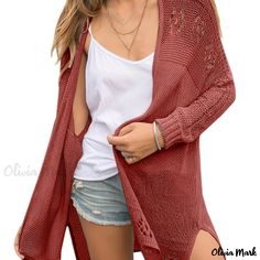 Olivia Mark - Split Hem Knit Cardigan, Casual Open Front Long Sleeve Sweater, Women's Clothing Knit Sweater Coat, Long Sleeve Kimono, Duster Cardigan Sweater, Fall Care, Cardigan Casual, Elegant Fabric, Summer Cardigan, Summer Boho, Long Sweater