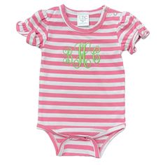 Pink monogram ruffle sleeve outfit summer outfits for beach, birthday party outfit, and sunny  days.  This Love That Cotton one piece bodysuit is embroidered with a name or monogram, made of cotton knit fabric made of 95% cotton and 5% spandex, has snaps in the crotch, round collar with binding, cute, ruffled sleeves that are gathered with elastic.  Kaileys Monogram Shop will glady send this cute customized bodysuit directly to the gift recipient with your special gift note included. Your custom Spring Beach Onesie With Short Sleeves, Summer Cotton Onesie With Ruffles, Cute Short Sleeve Bodysuit For Summer Playwear, Cute Summer Short Sleeve Bodysuit For Playwear, Cute Summer Short Sleeve Playwear Bodysuit, Summer Short Sleeve Ruffled Onesie, Green Short Sleeve Bodysuit For Summer, Playful Short Sleeve Bodysuit For Summer Playwear, Summer Cotton Bubble Romper With Ruffle Sleeves