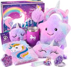 PRICES MAY VARY. 11PCS UNICORN GIFT SET: Designed for girls aged 6-10, our girls birthday gifts will be a huge hit among girls. Inside the gift box, you will find an LED star cushion, a fluffy lockable diary, a fuzzy pen, a quicksand mirror, a comb, a purse, an eye mask, a headband, a stainless steel water bottle, a necklace, and a liquid floating unicorn key chain. From the soft plush to the mesmerizing scheme, every aspect is for your little girls’ smile SWEET DREAM WITH FLUFFY STUFF: Plush to Star Pillow, Unicorn Party Favors, Christmas Unicorn, Unicorn Headband, Angel Tree, Unicorn Toys, Cute Wallets, Unicorn Gifts, Star Pillows