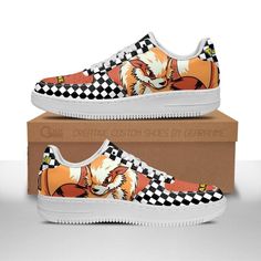 a pair of sneakers with an orange fox on the front and black and white checkerboard