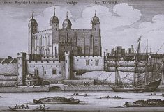 an old drawing of a castle with boats in the water