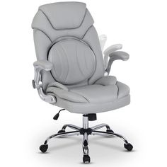 an office chair with wheels on the back and seat upholstered in grey leather