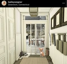 a small dog sitting in front of a white door