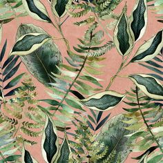 a pink background with green leaves and plants