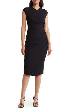 A chic cap-sleeve sheath dress features a high surplice V-neck, side ruching and draped skirt for elegant style. 47" length (size X-Small) Back zip closure Surplice V-neck Cap sleeves Partially lined 95% polyester, 5% spandex Machine wash, dry flat Imported Model stats: 5'10" height, 32" bust, 25" waist, 36" hip. Model is wearing size X-Small. Elegant Bodycon Dress With Ruched Sides, Sheath Bodycon Dress With Ruched Detail For Work, Ruched Sheath Bodycon Dress For Work, Elegant Cocktail Bodycon Dress With Ruched Sides, Formal Ruched Bodycon Dress With Short Sleeves, Workwear Ruched Sheath Bodycon Dress, Sheath Dress With Ruched Bodice For Workwear, Fitted Dress With Draped Sleeves And Surplice Neckline, V-neck Midi Dress With Ruched Bodice For Work