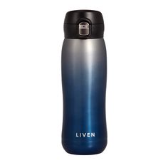 a blue and silver stainless steel water bottle on a white background with the word livven printed on it