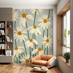 a living room with flowers painted on the wall and a chair in front of it