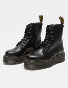 Dr. Martens Jadon Platform Boots. A fierce evolution of our 8-eye boot, the Jadon retains all its original details — grooved edges, yellow stitching and a heel-loop — and adds a chunky, empowering platform sole. Inner ankle zip. Made with the classic Dr. Martens Polished smooth leather, a lightly textured, highly durable leather with a soft sheen. Platform height 1 3/4". Imported.NOTE: Runs large; size down if you are between sizes. Dr Martens Platform Boots, Doc Martens Platform, Jadon Platform Boots, Platform Doc Martens, Doc Martens Black, Dr Martens Platform, Doc Martens Women, Martin Shoes, Doc Marten Boot