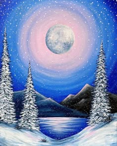 an acrylic painting of snow covered trees and a full moon in the night sky