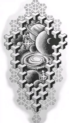 an artistic drawing with black and white lines on paper, depicting different objects in the shape of hexagons