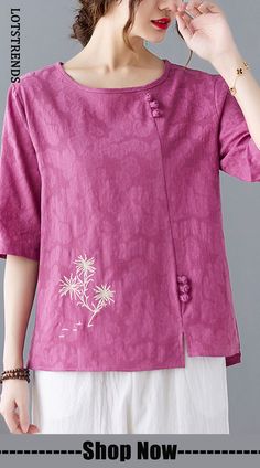 Plus Size-Summer Embroidered Cotton T-Shirt Loose Mid Sleeve Tops Casual Short Sleeve Embroidered Summer Top, Summer Cotton Embroidered Crew Neck Top, Floral Embroidered Cotton V-neck T-shirt, V-neck Cotton T-shirt With Floral Embroidery, Casual Cotton Embroidered Crew Neck Top, Embroidered Half-sleeve Tops For Spring, Casual Blouse With Floral Embroidery And Half Sleeves, Embroidered Half Sleeve Cotton Tops, Summer Crew Neck Blouse With Floral Embroidery