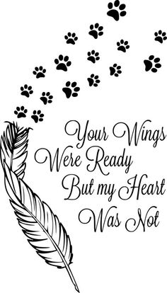 a feather and paw prints with the words, your wings were ready but my heart was not