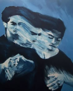 a painting of two people hugging each other