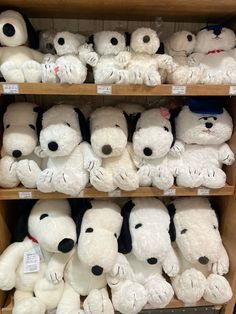 many white stuffed animals are on shelves in a store, one is black and the other is white