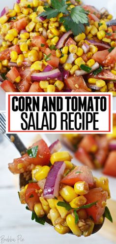 corn and tomato salad recipe on a spoon