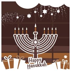 a hanukkah menorah with candles and presents