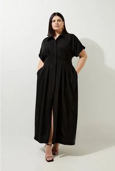 Plus Size Viscose Linen Woven Pintuck Midi Dress | Karen Millen Plus Midi Dress, Plus Size Business Dress, Classic Relaxed Fit Midi Dress For Workwear, Black Midi Length Belted Dress For Work, Workwear Maxi Dress With Belted Cuffs, Chic Midi-length Shirt Dress With Belted Cuffs, Chic Short Sleeve Maxi Dress For Work, Plus Size Work Attire, Relaxed Fit Belted Dress For Work