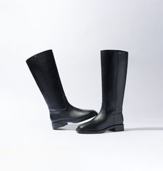 Anne Boot In Black Leather - Larroude Classic Black Calf Leather Knee-high Boots, Classic Riding Knee-high Boots Medium Width, Classic Wide Calf Knee-high Boots With Almond Toe, Classic Leather Knee-high Boots For Office, Classic Medium Width Knee-high Boots For Business, Classic Calf Leather Knee-high Boots With Leather Sole, Classic Black Mid-calf Boots In Calf Leather, Classic Black Mid-calf Calf Leather Boots, Classic Wide Calf Knee-high Boots For Business