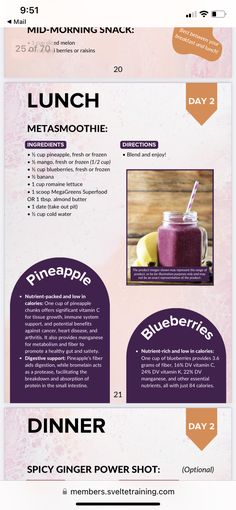 the menu for a smoothie restaurant is shown in purple and orange colors, with information about it