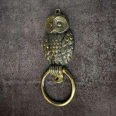 an owl door knocker is shown on a concrete wall with a metal ring hanging from it's center