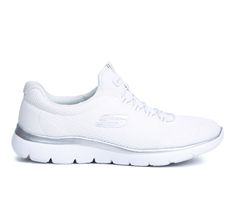 Structured knit upper with padded collar, Easy slip-on design with bungee lace panel, Classic round toe, Memory Foam cushioned insole, Durable foam midsole and outsole, Skechers® branding details | Women's Skechers 149206 Summits Cool Classic Slip-On Sneakers in White/Silver Size 11