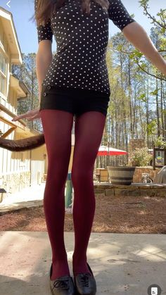 @/sleepiestgirlhere tt Tumblr Twee Aesthetic, Outfits With Red Tights, Striped Tights Outfit, Fun Tights Outfit, Colourful Tights Outfit, Twee Outfits, Colorful Tights Outfit, Burgundy Tights Outfit, Shorts And Tights Outfit