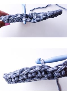 two pictures showing how to crochet an object with yarn