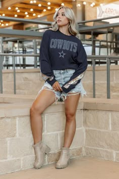 DALLAS COWBOYS GAMEDAY GLITZ LONG SLEEVE TEE WITH SEQUIN TRIM BACK AND SLEEVE DETAIL Nfl Apparel, Gameday Couture, Nfl Outfits, Everyday Clothing, Jacksonville Jaguars, Minnesota Vikings, New York Jets, New York Giants, Sleeve Detail