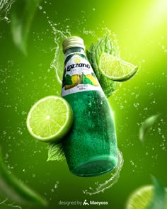 a green bottle with limes and mints on it, surrounded by water droplets