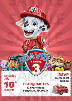 a birthday party flyer with a fireman's dog on the front and paw patrol on the back