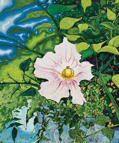 a painting of a white flower surrounded by green leaves and water lilies with blue sky in the background