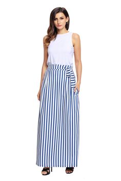 Light Blue Striped Maxi Skirt Chic Blue Maxi Skirt With Relaxed Fit, Chic Blue Summer Maxi Skirt, Chic Blue Maxi Skirt For Summer, Blue Relaxed Maxi Skirt For Day Out, Chic Blue Cotton Maxi Skirt, Chic Blue Cotton Skirt, Chic Blue Maxi Skirt For Day Out, Blue Striped Skirt, Striped Maxi Skirt