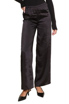 BLACK Sleek Silk Wide Leg Pants, Sleek Silk Straight Leg Pants, Silk Wide Leg Pants For Evening, Elegant Silk Pants With Relaxed Fit, Elegant Relaxed Fit Silk Pants, High-waisted Satin Pants For Work, Elegant Silk Bottoms With Relaxed Fit, Sleek Wide-leg Silk Pants, Sleek Silk Wide-leg Pants