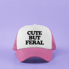 🧡This Cute but Feral custom snapback trucker hat is great for any occasion. Full of style, comfort, and laughs, it's perfect to wear to the bar, the beach, birthdays, parties, reunions, brunches, cruises, vacations, festivals, concerts, camping trips, and more. Cover up any bad hair day and make a fashion statement by adding this practical accessory to your summer outfit. Make your friends laugh when you wear it out or gift one to your mom, dad, brother, sister, boyfriend, girlfriend, wife, hus Fun Trucker Hat For Country Events, Funny Summer Snapback Trucker Hat, Cheap Funny Trucker Hat, Customizable Funny Trucker Hat, Funny Trucker Hat, One Size Fits Most, Custom Trucker Hats, Custom Caps, Funny Hats, Friends Laughing