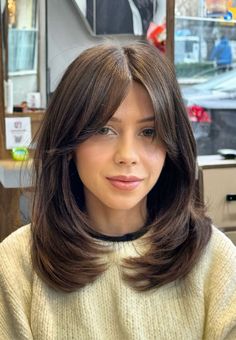 Long Fringe Short Hair, Chestnut Brown Hair With Bangs, Curtain Bangs Off Center Part, Medium Hairstyle With Curtain Bangs, Black And Brown Short Hair, Shorter Hair Layers, Straight One Length Hair, Curtain Bang Medium Haircut, Layered With Bangs Medium