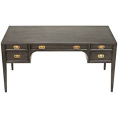 a desk with two drawers and gold handles