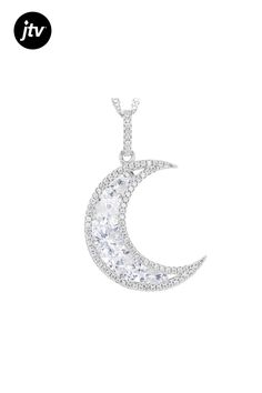 Bella Luce�� white diamond simulant 8.26ctw round rhodium over sterling silver moon pendant with chain. Pendant measures approximately 0.94"L x 0.31"W with 18" Singapore Chain plus 2" extender and lobster claw clasp. The diamond equivalent weight is 5.00ctw. Diamond Simulant, Pendant With Chain, Silver Moon, Moon Pendant, Chain Pendant, White Diamond, Lobster Claw, Singapore, Cubic Zirconia