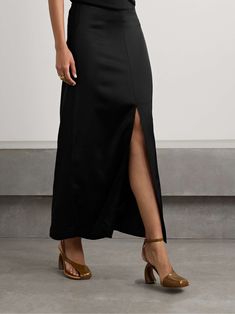 DRIES VAN NOTEN Satin-crepe maxi skirt Formal Skirt With Side Slits, Elegant Party Skirt With Side Slits, Chic Floor-length Lined Skirt Bottoms, Formal Long Skirt With Side Slits, Fitted Bottoms With Long Inseam For Evening, Floor-length Skirt For Night Out, Full Length Skirt With Side Slits For Party, Elegant Black Floor-length Bottoms, Elegant Cocktail Maxi Skirt With Lined Detail