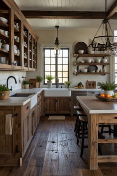 a kitchen filled with lots of wooden furniture