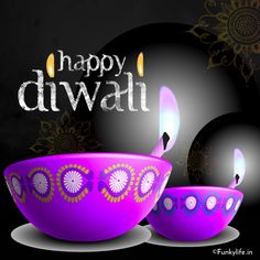 happy diwali greeting card with two purple bowls and one black plate in the background