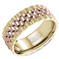 a wedding band with two tone gold and rose gold braiding on the inside of it