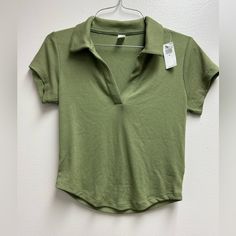 Nwt, Old Navy Ultralite Rib-Knit Cropped Polo Shirt, Size Xs, Olive Color Casual Solid T-shirt With Seamless Collar, Casual Cotton Top With Seamless Collar, Casual Cotton Tops With Seamless Collar, Casual Summer Tops With Seamless Collar, Green Collared Knit Top, Green Knit Collared Tops, Casual T-shirt With Seamless Collar, Spring Cotton Tops With Seamless Collar, Casual Stretch Top With Seamless Collar