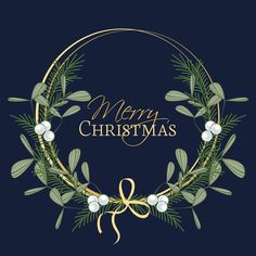 a merry christmas card with a wreath and mists on the front in gold lettering