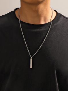 Silver  Collar  Stainless Steel   Embellished   Men's Fashion Jewelry Mens Necklace With Pendant, Jewellery Men Necklace, Business Casual Jewelry Men, Mens Silver Box Chain Necklace, Simple Silver Chain Necklace Men, Male Necklace Minimal, Men’s Minimal Jewelry, Mens Silver Necklaces, Simple Chain For Boys