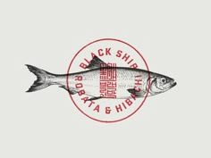 a black and white photo of a fish with the words back ship on it's side