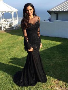 Long Sleeves Mermaid Lace Black Prom Dress, Lace Black Mermaid Formal Dress, Evening Dress, Party Dress Long Sleeve Mermaid Prom Dress, Mermaid Prom Dresses Lace, Evening Dress Long, Gaun Fashion, Mermaid Evening Gown, Prom Dresses 2018, Black Mermaid, Cheap Evening Dresses, Long Sleeve Prom